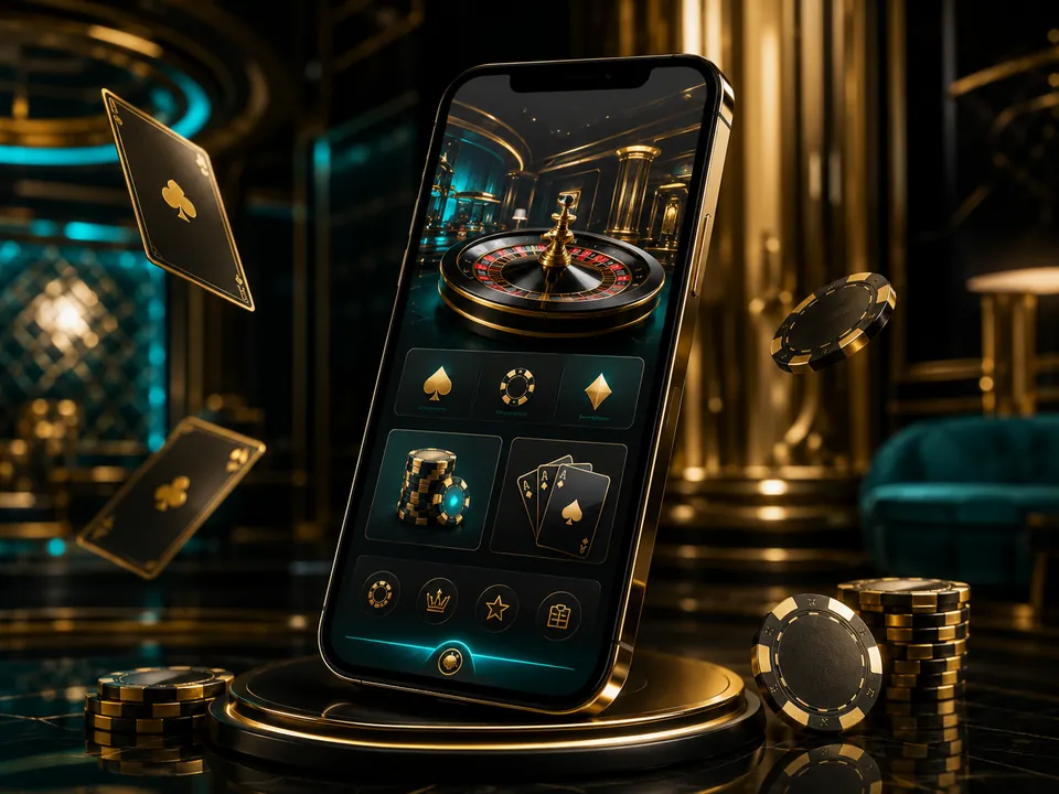 Смартфон с игровым интерфейсом на золотистой подставке